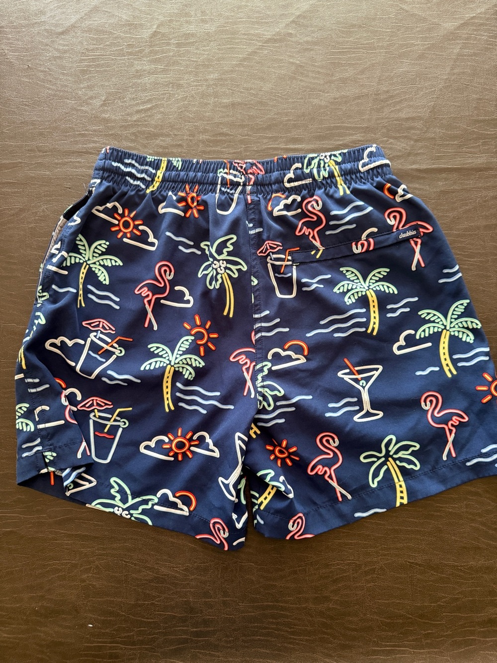 chubbies Navy Swim Trunks with Neon Palm & Flamingo Print